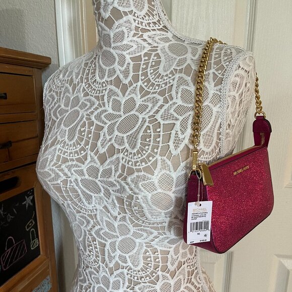 Michael Kors Ultra Pink Sparkly Leather Pouchette Bag W/ Gold Chain - NWT - Picture 4 of 10